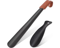 BOTC Schoenlepel Set - 2 in 1 RVS Schoentrekker - Lang 41cm en Kort 19cm - RVS - Leder Handgreep - Zwart