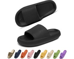 Geweo - Slippers Heren Dames - EVA Badslippers Unisex - Verdikte - Lichtgewicht - Super Zacht aan je Voeten - Anti-Slip en Stevig Voetbed - Anti-lawaai - Zwart - Maat 46/47