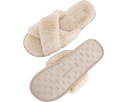 Hunkemöller Dames Accessoires Pantoffels Crossed Fake Fur - Beige - maat 38/39