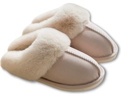 Pantoffels Dames en Heren Fluffy Open Sloffen met Pluche Voering Antislip Zool - Beige - Maat 36/37