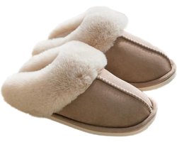 Pantoffels - Dames en Heren Fluffy Open Sloffen - Met Pluche Voering Antislip Zool - Binnen en Buiten Draagbaar - Khaki - Maat 38/39 (geschikt voor 37/38) - Wasbaar - Warm en Comfortabel