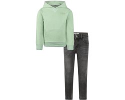 Koko Noko - Kledingset - Basic Collection - Bio Cotton - Dark grey jeans - Sweater with hood Faded green - Maat 134