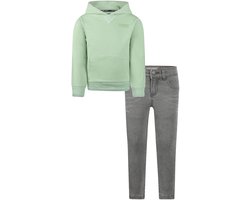 Koko Noko - Kledingset - Basic Collection - Bio Cotton - Grijze jeans - Sweater with hood Faded green - Maat 116