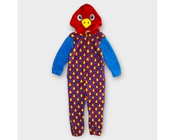 Kinder Onesie Papegaai – Polar Fleece – Bonte Kleuren (Blauw/Rood/Geel) – met Capuchon – maat 122/128