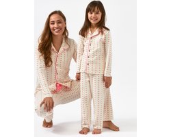 Little Label - meisjes pyjama - wit bloemetjes verticaal - 12Y/146-152 - Zachte BIO Katoen