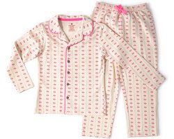 Little Label - meisjes pyjama - wit bloemetjes verticaal - 10Y/134-140 - Zachte BIO Katoen