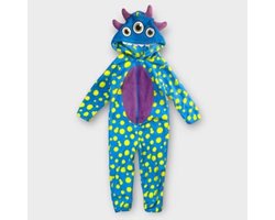 Kinder Onesie Monster – Polar Fleece – Blauw – met Capuchon & 3 Ogen - griezel monster – maat 98/104