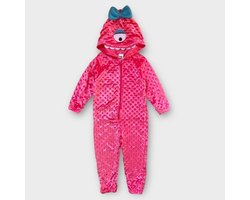 Kinder Onesie Monster – Polar Fleece – Roze – met Capuchon - 1 Oog Monster - Blauwe Strik – maat 122/128
