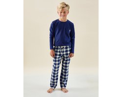 Little Label - jamie pyjamaset jongens - grote ruit donkerblauw - 8Y/122-128 - extra zachte bio-katoen