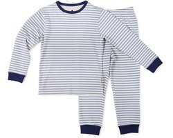 Little Label - pyjama jongens creme blauw gestreept - 8Y/122-128 - Zachte BIO Katoen