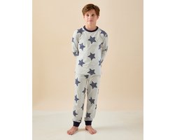 Little Label - TOMMY pyjama jongens - grijs blauw sterren-print - 10Y/134-140 - extra zachte bio-katoen