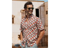 LERROS Overhemd met korte mouwen en bloemen-all-overprint , Maat: XL , Kleur: VIVID RED , 80% katoen, 20% linnen
