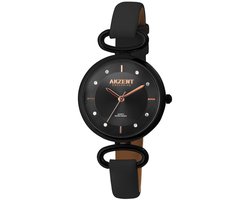 Akzent-Dames horloge-Analoog-Rond-33MM-Zwart-Zwart lederen band.