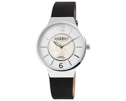 Akzent-Dames horloge-Analoog-Rond-36MM-Zilverkleurig-Zwart lederen band.