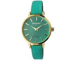 Akzent-Dames horloge-Analoog-Rond-38MM-Goudkleurig-Groen lederen band.
