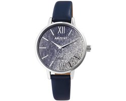Akzent-Dames horloge-Analoog-Rond-38MM-Zilverkleurig-Blauw lederen band.