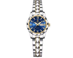 Binbond Dameshorloge - Vrouwen - Zilveren Polsband - Zilver, Goud en Blauw - Horlogedoos