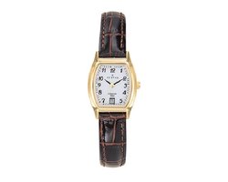 Certus-dameshorloge-model 646600-goudkleurig-datum-donkerbruin leder-5 atm waterdicht-duidelijke wijzerplaat-afmeting 28 x 21 mm-made in france