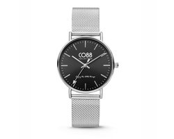CO88 Collection 8CW-10095 Staal Horloge - Dames - Mesh Band - tot 22 cm - Zwarte Wijzerplaat - Zilverkleurige Kast - 36 mm Doorsnee - Zilverkleurig