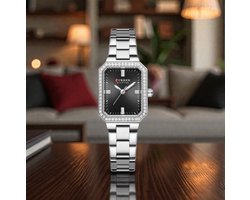 CURREN 9102 Zilverkleurig met Zwarte Wijzerplaat Dameshorloge met Kristalrand en Lichtgevende Wijzers