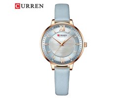 CURREN Horloge 9080 - Rosékleurig-Lichtblauw – Dames - Quartz - Lederen Band - Elegant en Vrouwelijk