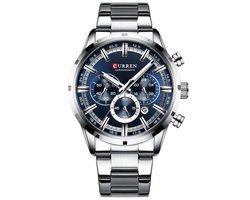 Curren - Horloge Heren - Cadeau voor Man - Horloges voor Mannen - 47 mm - Zilver Blauw