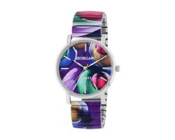 Excellanc-model 1700060-026-Dameshorloge-rekbare band-Multicolor-rood-lila-paars-groen-Beige-3 atm waterdicht-diameter 35mm