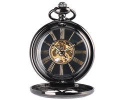 GWS Zakhorloge Mechanisch Steampunk Vintage Skeleton – Met ketting - Mechanisch zwart Steampunk Zakhorloge met handmatige opwinding