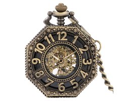 GWS Zakhorloge Skeleton Brons – Met ketting - Mechanisch Achthoekige Zakhorloge met handmatige opwinding