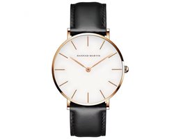 Hannah Martin Heren Horloge | Zwart Lederen Polsband | Rose Goudkleurig Horlogekast | Wit Wijzerplaat |