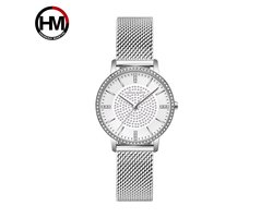 HANNAH MARTIN horloge met kristal diamantjes, zilveren stalen polsband, witte wijzerplaat, zilveren horlogekast en zilveren wijzers voor dames met stijl ( model 1074 B-WYY )