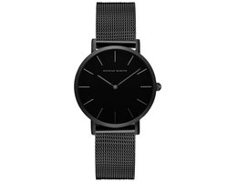 HANNAH MARTIN horloge met zwarte stalen polsband, zwarte wijzerplaat, zwarte horlogekast en zilveren wijzers voor dames en heren met stijl ( model CH36 WYH)