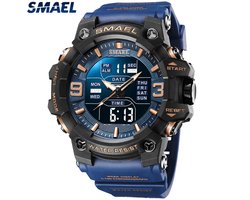 Heren Horloge | Blauw /Koper klok kast- Blauw rubber band | Smael | Waterdicht 50M|Glow in dark | 8049 | Mud Master | Leger | Army | Navy Blauw | Grof | Licht | Rubberen band | Timer | Eyecatcher | Master| Cadeau | BIGBANG |Kado