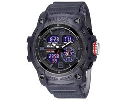 Heren Horloge Grijs klok kast- Grijze rubber band | Smael | Waterdicht 50M|Glow in dark | SE8007 | Mud Master | Leger | Army | Blauw/Zwart | Grof | Licht | Rubberen band | Timer | Eyecatcher | Master| Cadeau | BIGBANG | kado|