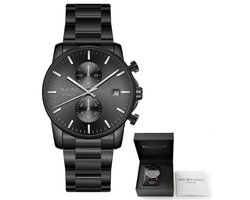 Heren horloge zwart staal - zwart keramiek -chronograaf - Mauro Vinci® Blackhawk - Horloges voor mannen met luxe lederen bewaardoos