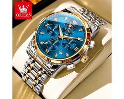 HO-3655.gz-bl : OLEVS zilver/goudlkl edelstaal chronografisch quartz horloge, blauwe wijzerplaat, 2de tijdzone & uren & minuten & maanfase -aanduiding, diamant, zirkonia