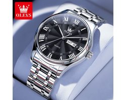 HO-3663.zw : Olevs zilverkl edelstaal horloge, zwarte wijzerplaat, witte Romeinse cijfers, dagkalender