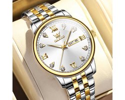 HO-5525.gz : Olevs stijlvol goud/zilverkleurig edelstaal quartz horloge, zilverwitte wijzerplaat, weekdag & datum