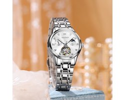 HO-6608L.z : Olevs dames zilverkl tourbillon/mechanisch edelstaal elegant Polshorloge, luminiscerend, skeleton secondenwiel, diamantzirkonia's