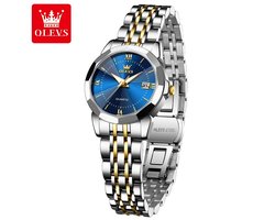 HO-9989L.gz-bl : Olevs 12 facet zilver-goudkleurig quartz edelstaal dames horloge, blauwe wijzerplaat, kalenderdag