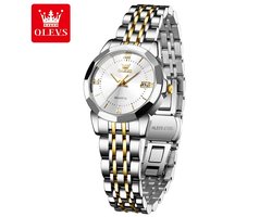 HO-9989L.gz-z : Olevs 12 facet zilver-goudkleurig quartz edelstaal dames horloge, zilverkleurige wijzerplaat, kalenderdag