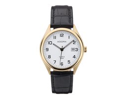 Klassiek Goudkleurig Horloge met Datum – 37 mm – Edelstalen Kast – Zwarte Leren Band – 5 BAR Waterdicht – Model AB6108