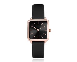 LGT JWLS Dameshorloge 'Square' - Zwart Lederen Band, Zwart Uurwerk, Rose Gouden Kast