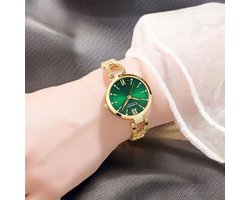 Luxe CURREN Dameshorloge Goudkleur met groene wijzerplaat - Elegante Roestvrijstalen Horloge met Kristallen - Waterdicht & 5 Kleuren