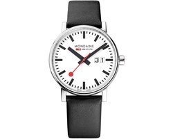 Mondaine MSE.40210.LB Evo II Heren Horloge - Stationsklok - Saffierglas - Roestvrijstaal/Leer - Zilver/Zwart - Ø 40 mm - Quartz - Gesp