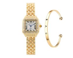 mpariz - Dameshorloge met Armband - Goud met Diamonds - Romeinse Cijfers - Horlogedoos