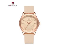 NAVIFORCE horloge met beige siliconen polsband, beige wijzerplaat en rosé gouden horlogekast voor dames met stijl ( model 5051 RGBGBG )