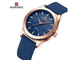 NAVIFORCE horloge met blauwe siliconen polsband, blauwe wijzerplaat en rosé gouden horlogekast voor dames met stijl ( model 5051 RGBEBE )