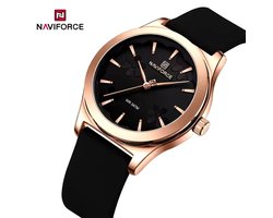 NAVIFORCE horloge met zwarte siliconen polsband, zwarte wijzerplaat en rosé gouden horlogekast voor dames met stijl ( model 5051 RGBB )