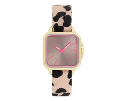 OOZOO Timepieces - Goudkleurige horloge met bruin/zwarte leren band - C11611